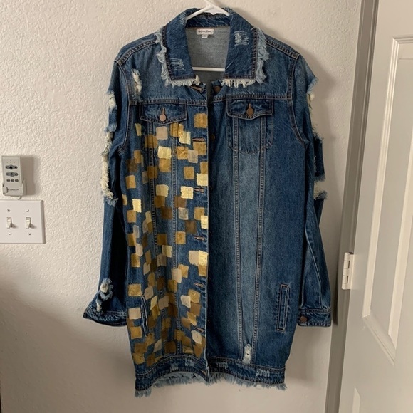 Love, Fire Long Distressed Ripped Denim Jean Jacket - Picture 2 of 16